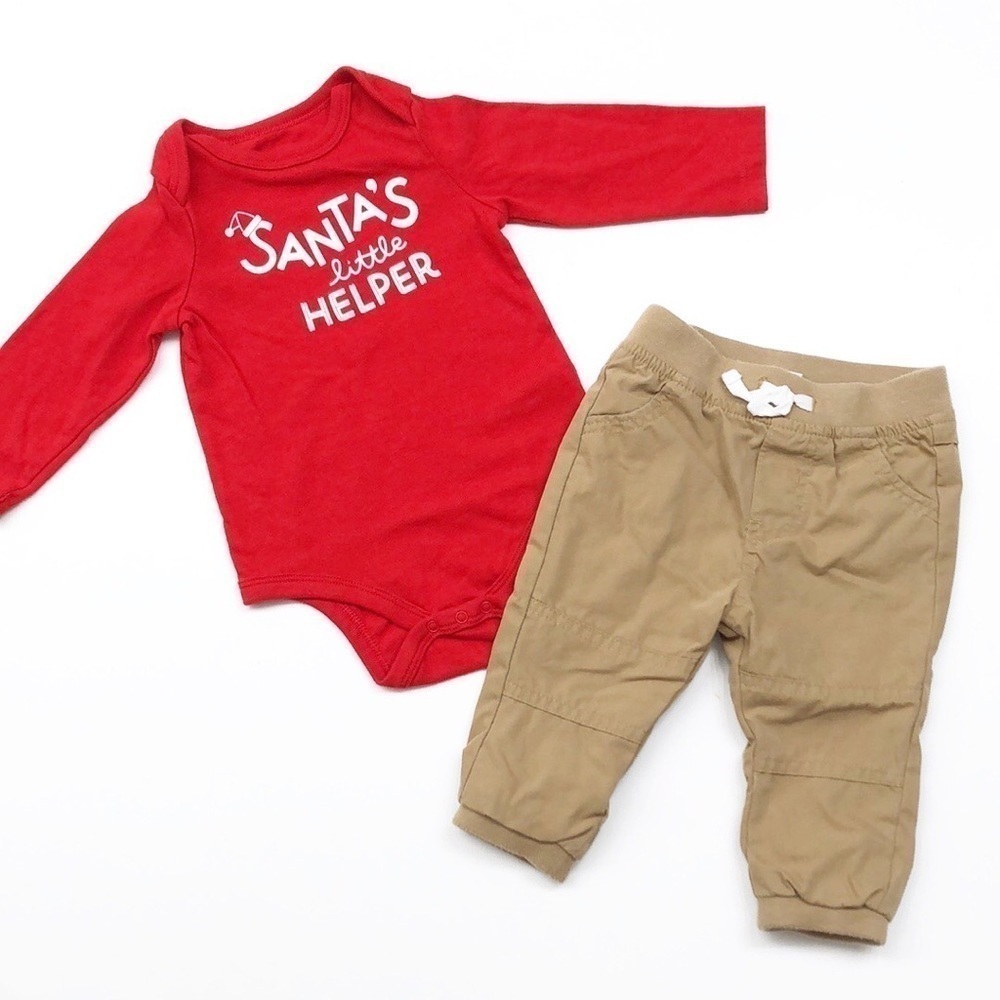 Baby Cat & Jack Santa’s Little Helper bodysuit + tan lined pants outfit